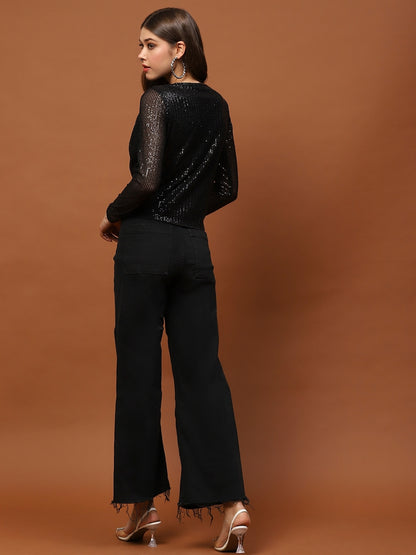 Black Sequin Stylish V-Neck Party Wear Long Sleeve Shimmer Top