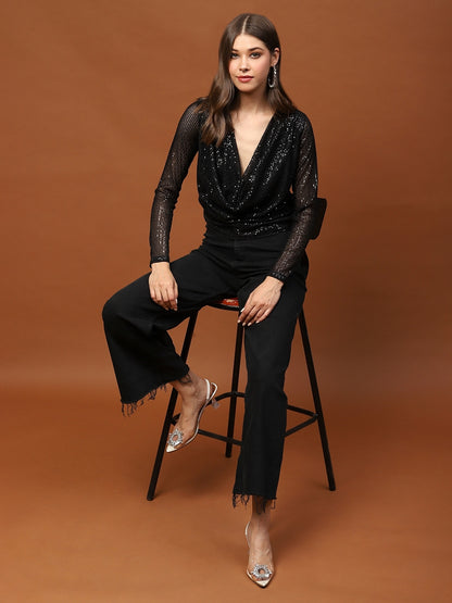 Black Sequin Stylish V-Neck Party Wear Long Sleeve Shimmer Top