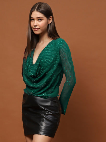 Green Sequin Draped Back Long Sleeve Sparkly Evening Wear Party Top