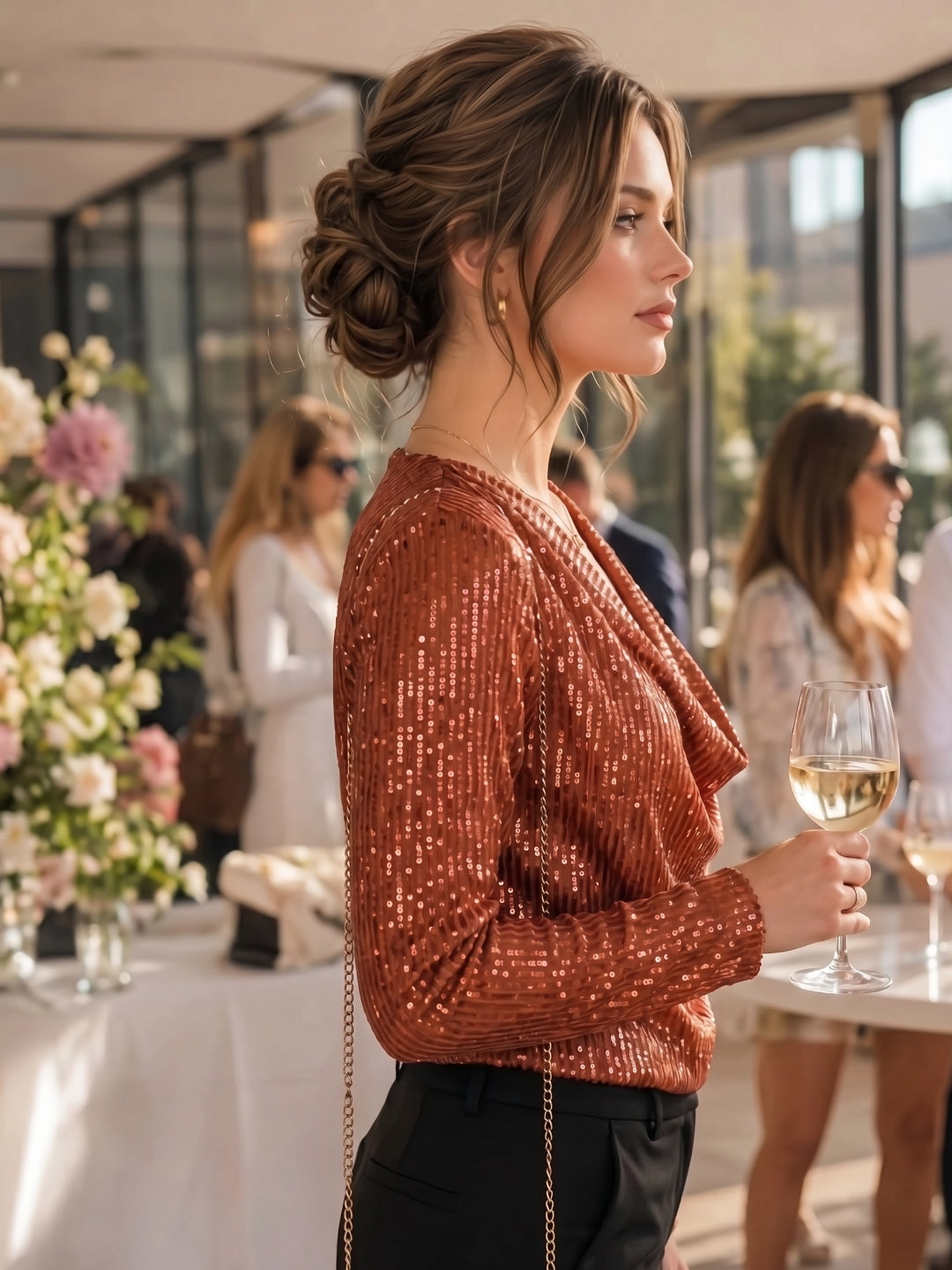 Rust Sequence  Stylish V-Neck Party Wear Long Sleeve Top