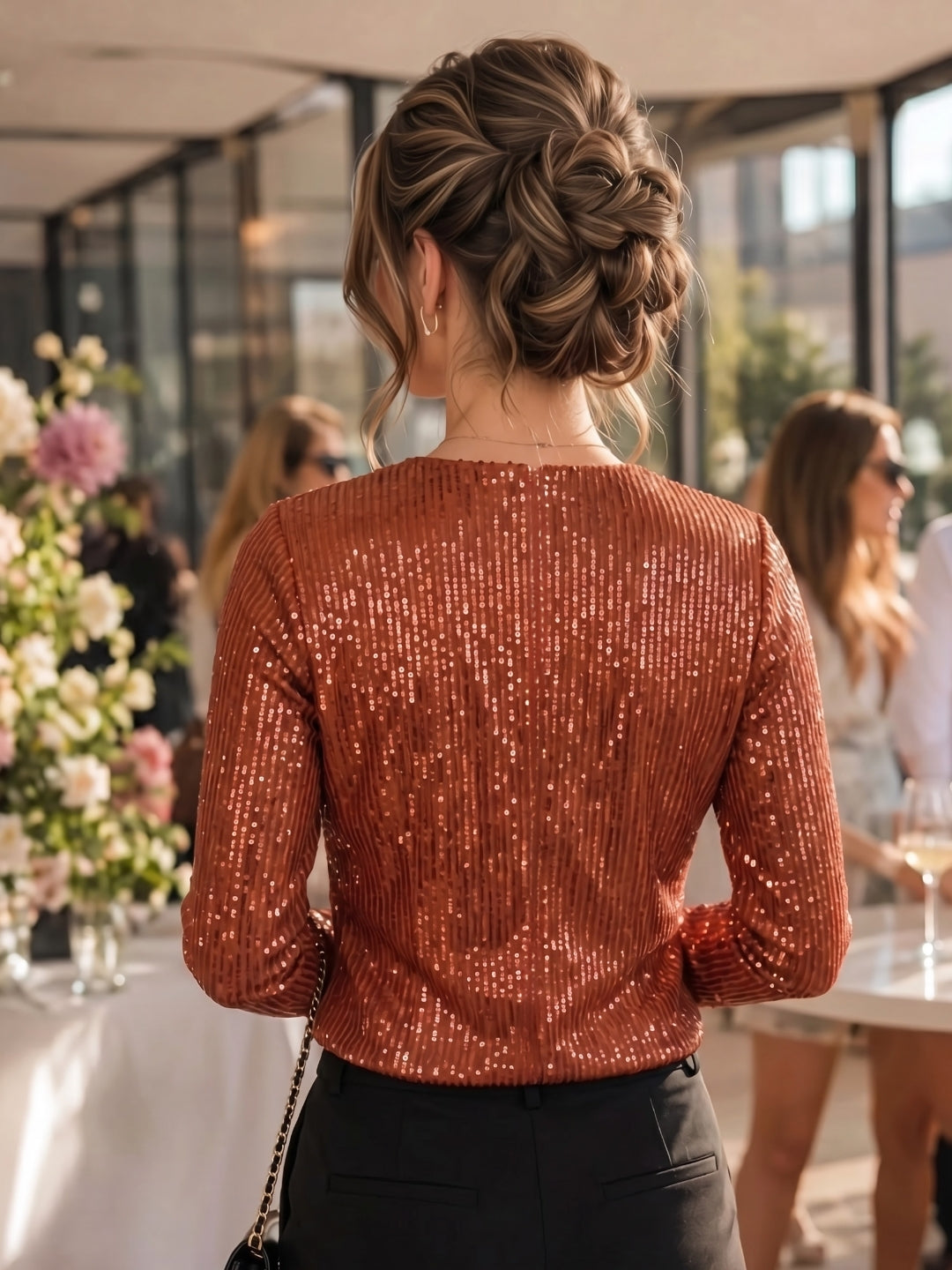 Rust Sequence  Stylish V-Neck Party Wear Long Sleeve Top