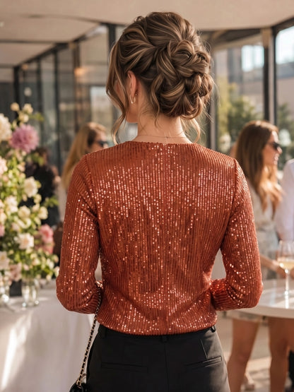 Rust Sequence  Stylish V-Neck Party Wear Long Sleeve Top