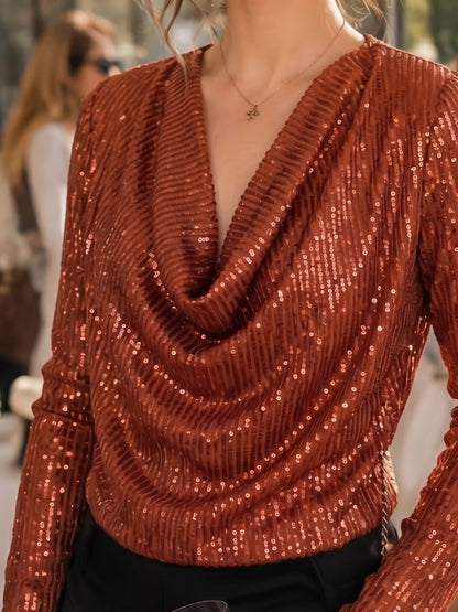 Rust Sequence  Stylish V-Neck Party Wear Long Sleeve Top