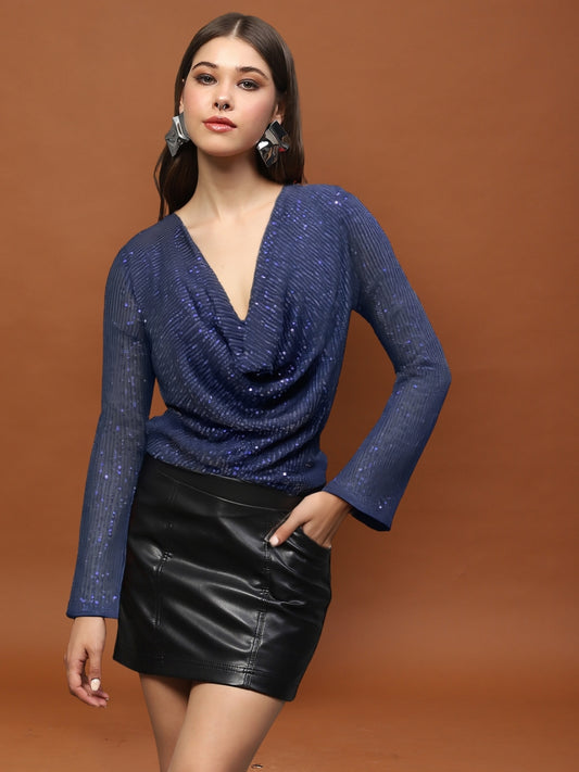 Navy Blue Sequin Drape-Back | Glam Night-Out Essential ? Party Top