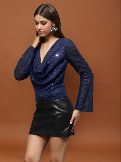 Navy Blue Sequin Drape-Back | Glam Night-Out Essential ? Party Top