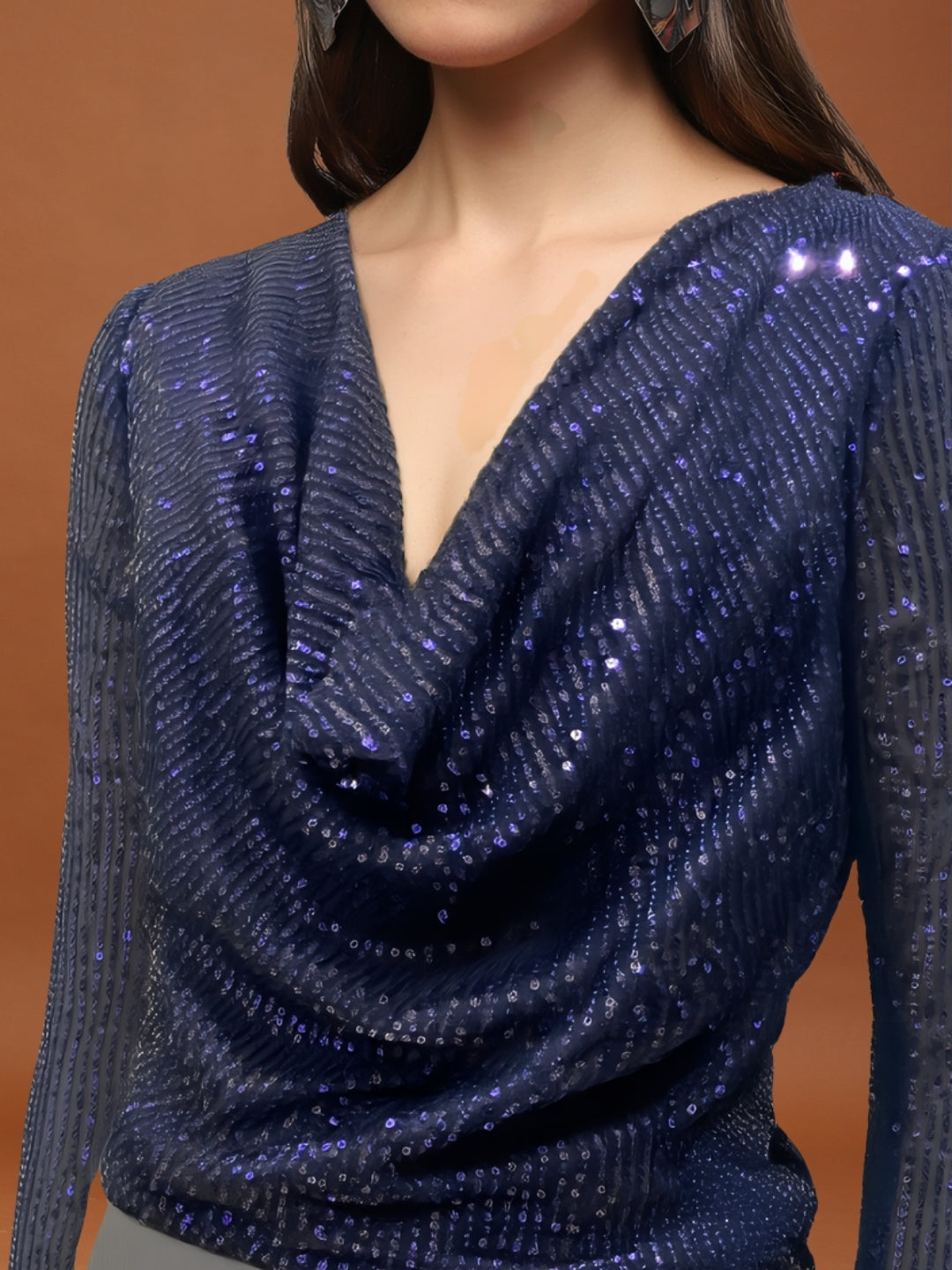 Navy Blue Sequin Drape-Back | Glam Night-Out Essential ? Party Top