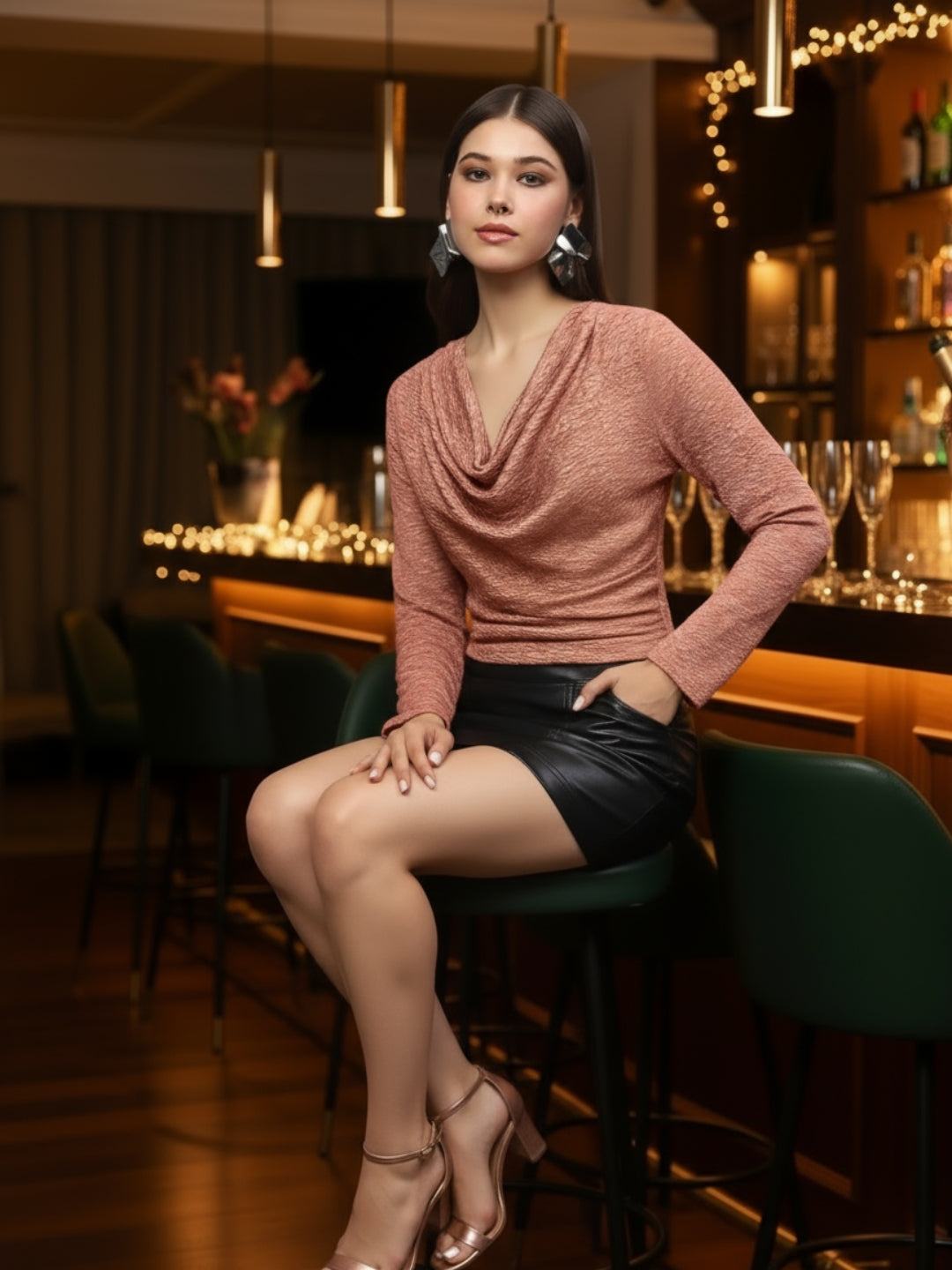 Peach Foil Stylish V-Neck Party Wear Long Sleeve  Top