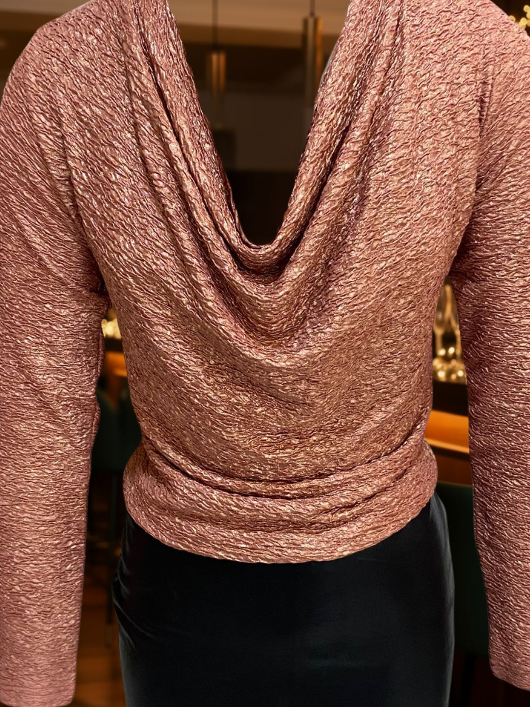 Peach Foil Stylish V-Neck Party Wear Long Sleeve  Top