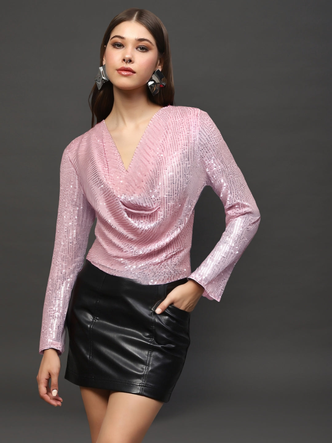 Pink Sequin Draped Back Long Sleeve Sparkly Evening Wear Party Top