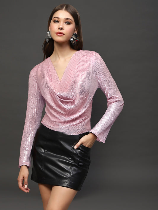 Pink Sequin Draped Back Long Sleeve Sparkly Evening Wear Party Top