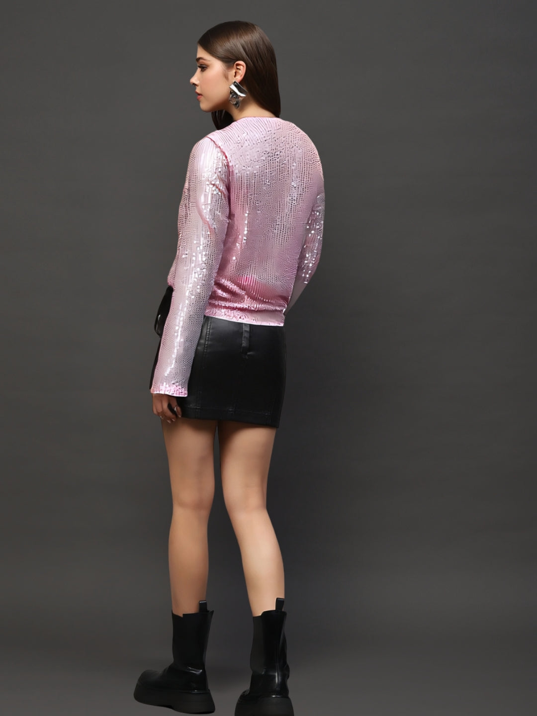 Pink Sequin Draped Back Long Sleeve Sparkly Evening Wear Party Top