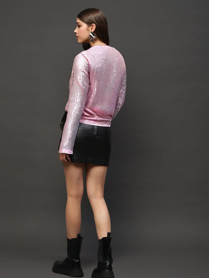 Pink Sequin Draped Back Long Sleeve Sparkly Evening Wear Party Top