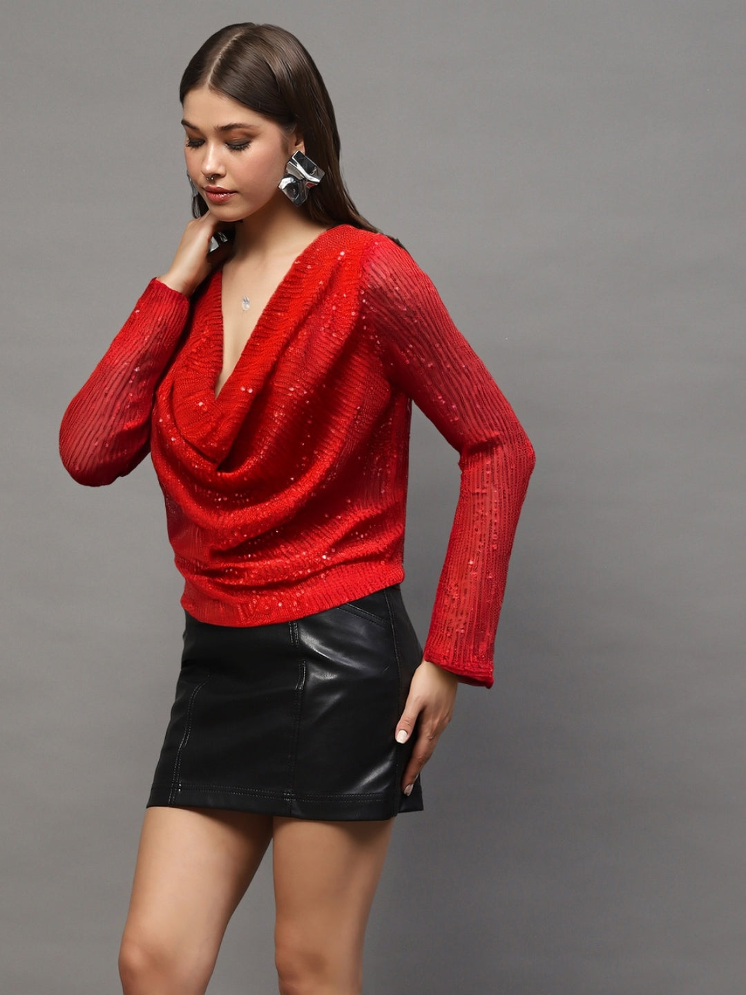 Red Sequin Draped Back Long Sleeve Sparkly Evening Wear Party Top