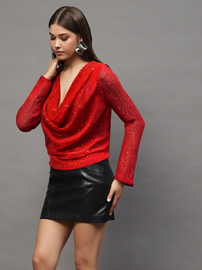 Red Sequin Draped Back Long Sleeve Sparkly Evening Wear Party Top