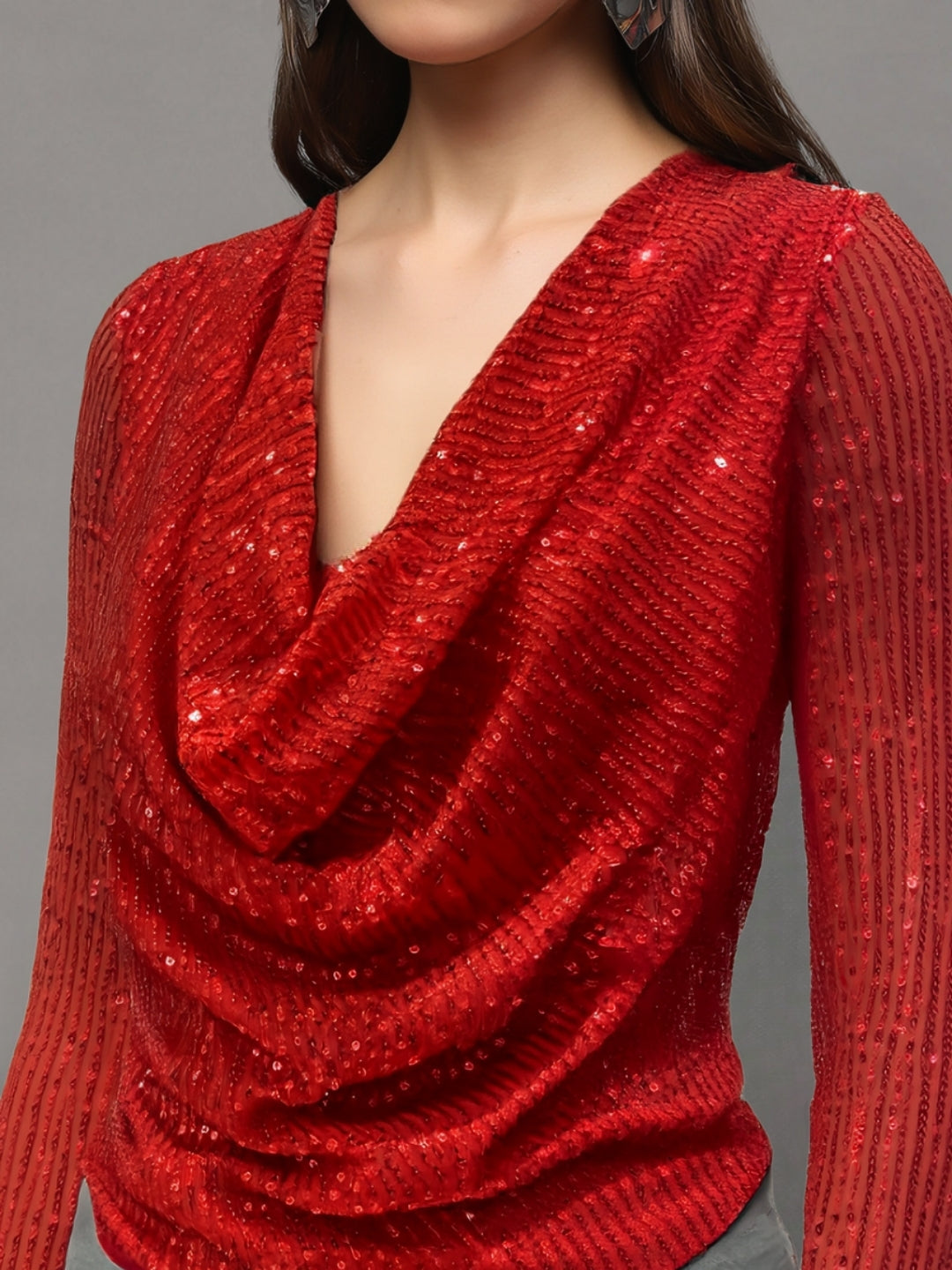 Red Sequin Draped Back Long Sleeve Sparkly Evening Wear Party Top