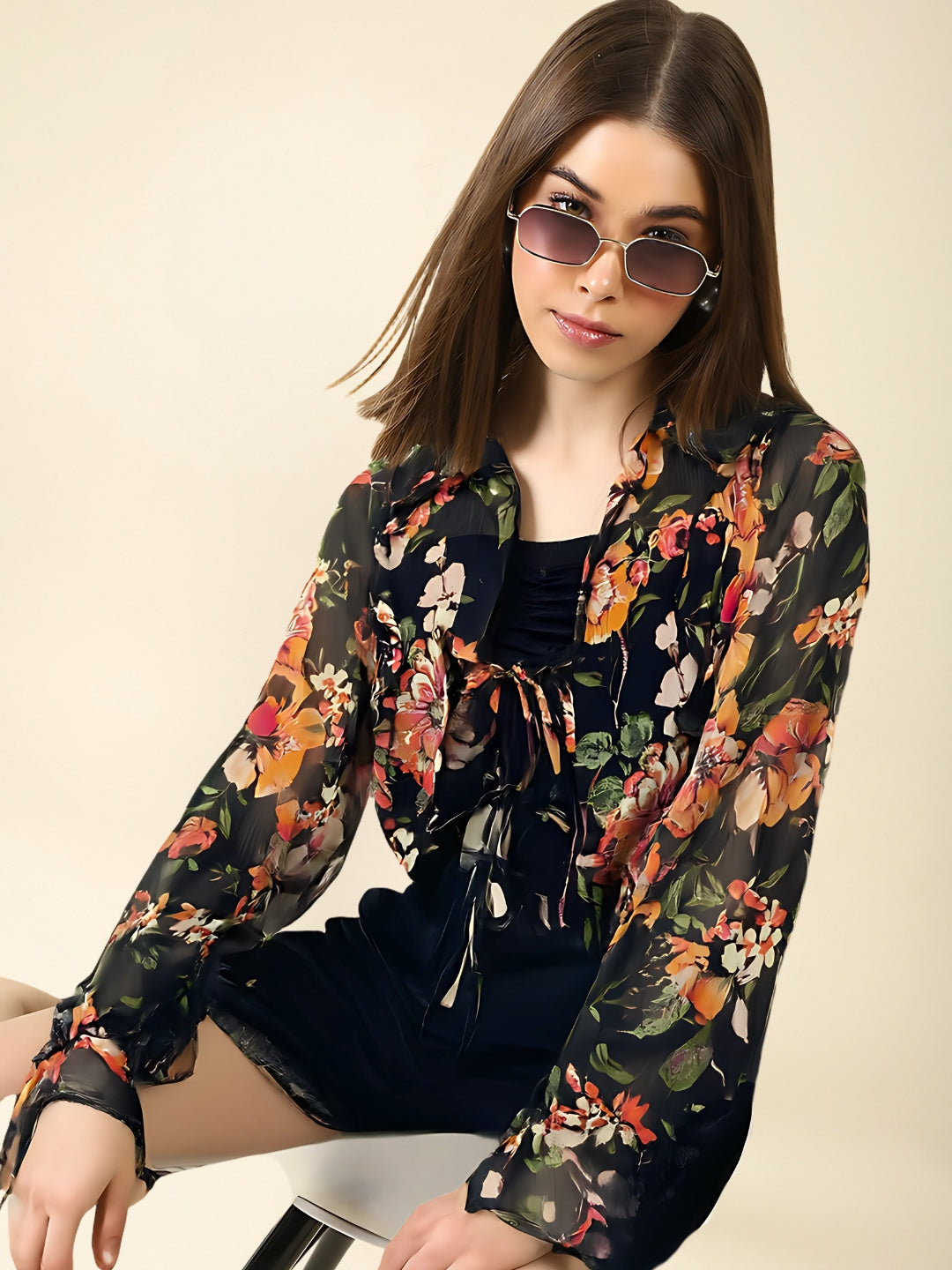 Midnight Bloom Vibes Sheer Black Floral  for Layer Queens Chiffon Shrug