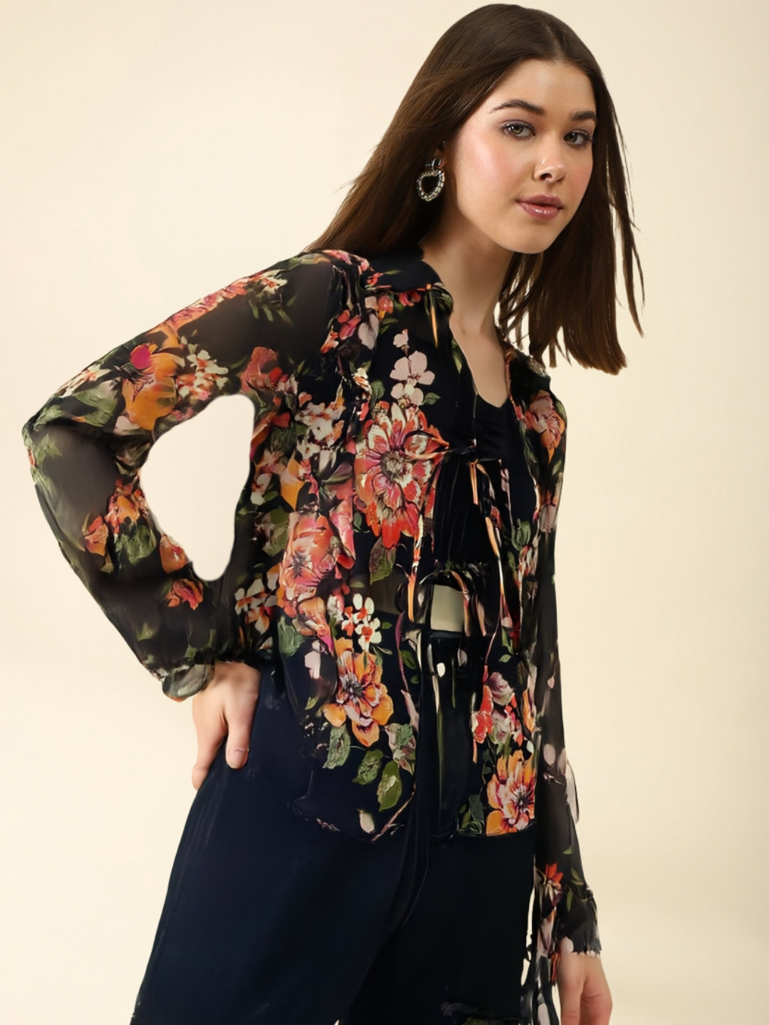 Midnight Bloom Vibes Sheer Black Floral  for Layer Queens Chiffon Shrug