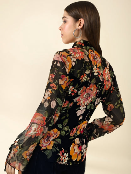 Midnight Bloom Vibes Sheer Black Floral  for Layer Queens Chiffon Shrug