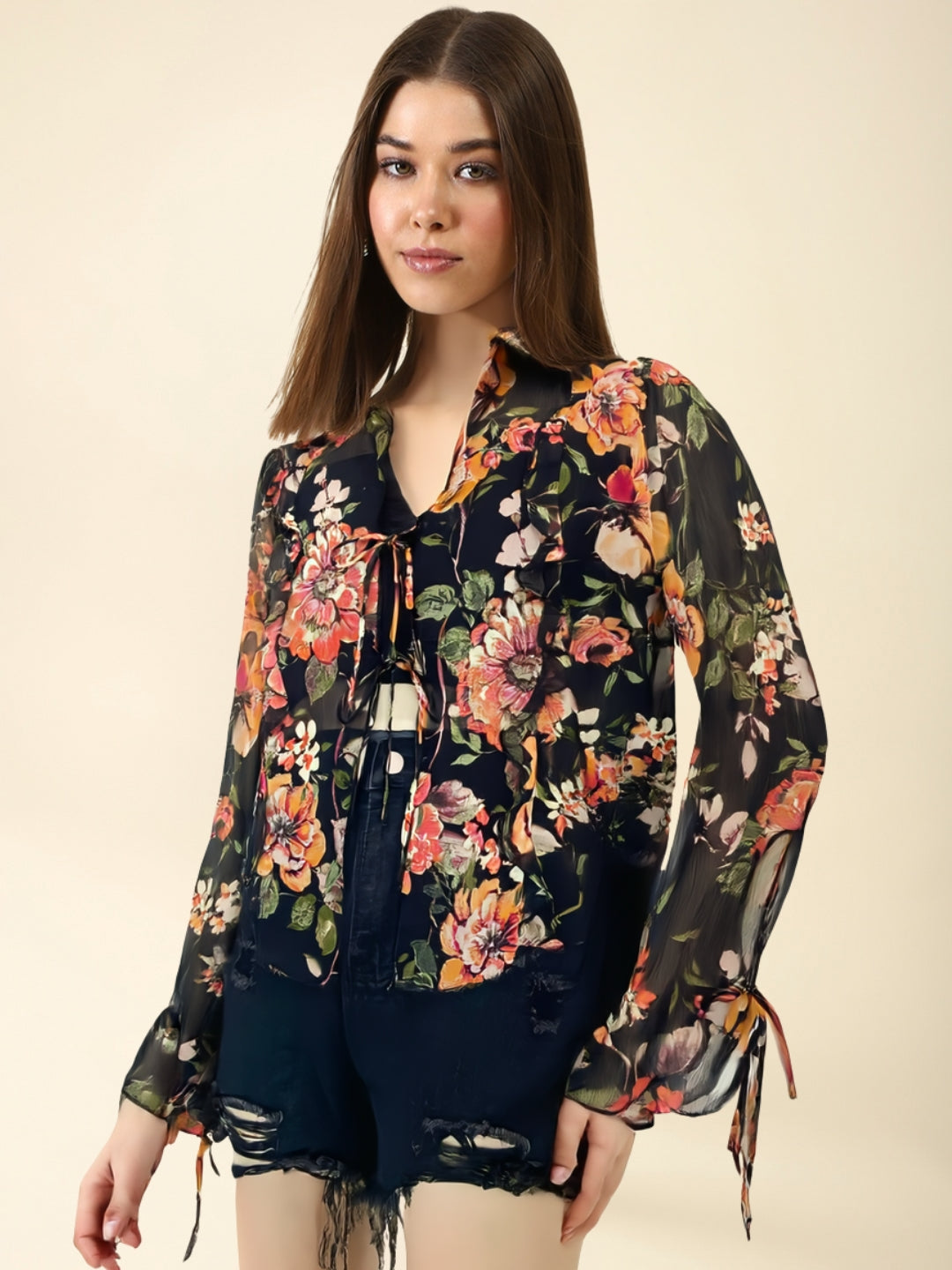 Midnight Bloom Vibes Sheer Black Floral  for Layer Queens Chiffon Shrug