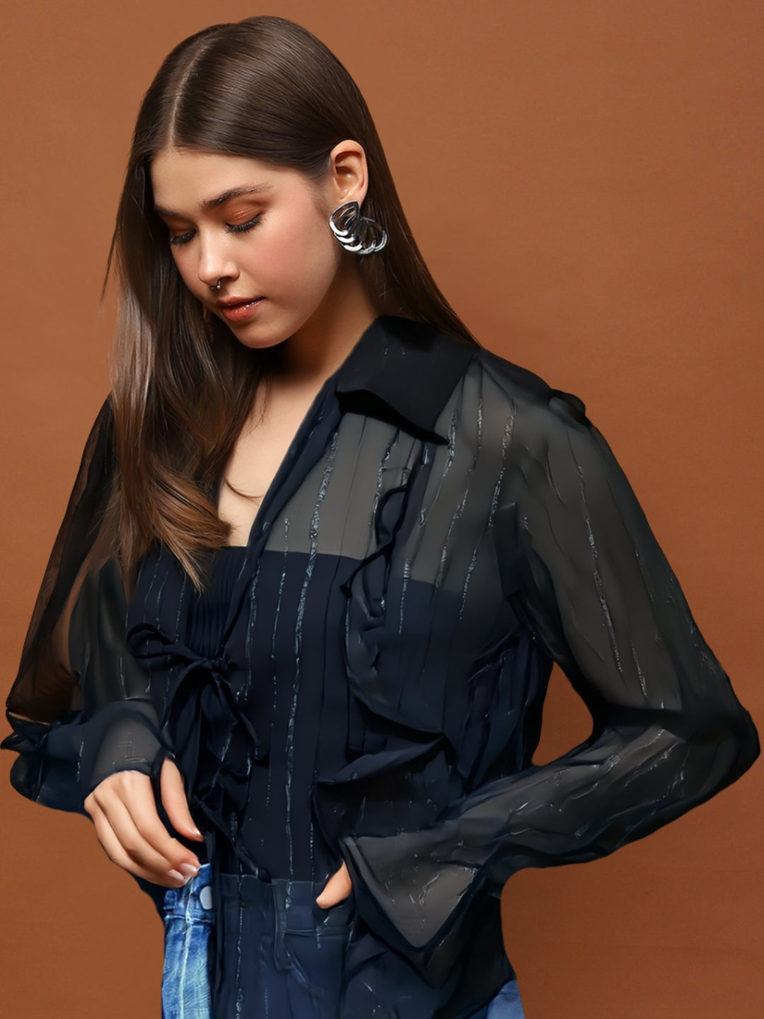 Sleek & Sheer Black Ruffle Dark Baddie Edit Chiffon Shrug