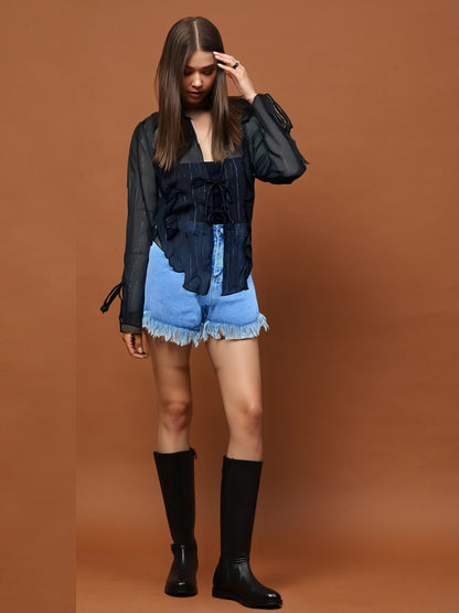 Sleek & Sheer Black Ruffle Dark Baddie Edit Chiffon Shrug