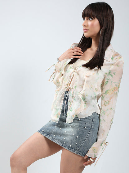 Women Floral Printed Pink Halter neck Chiffon Shrug