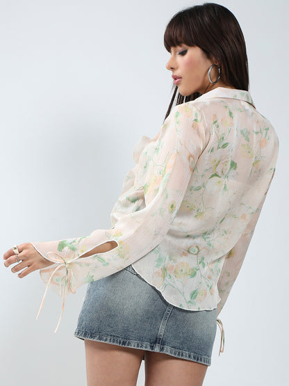 Women Floral Printed Pink Halter neck Chiffon Shrug