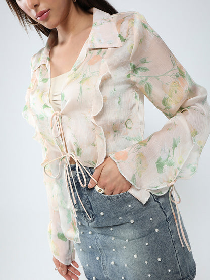 Women Floral Printed Pink Halter neck Chiffon Shrug