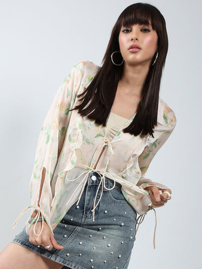 Women Floral Printed Pink Halter neck Chiffon Shrug