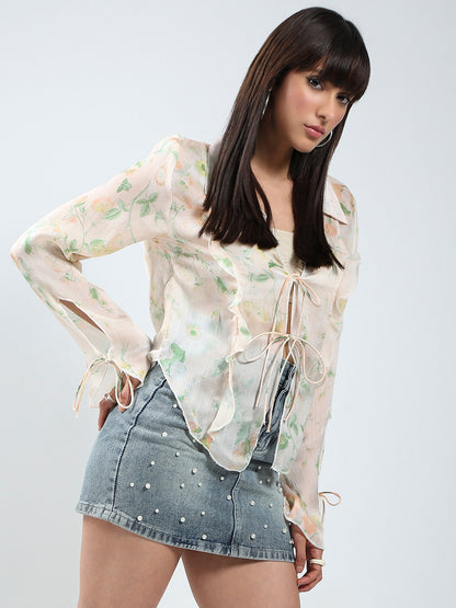 Women Floral Printed Pink Halter neck Chiffon Shrug