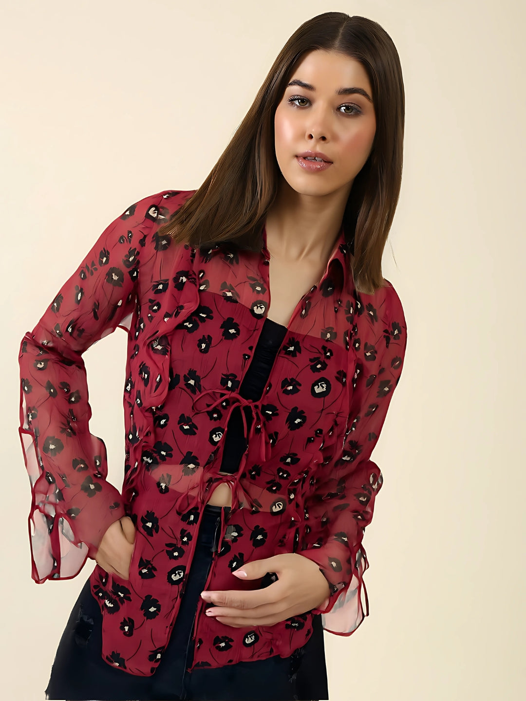 Maroon Kiss Vibes Printed Sheer That Bold Babe Energy Chiffon Shrug