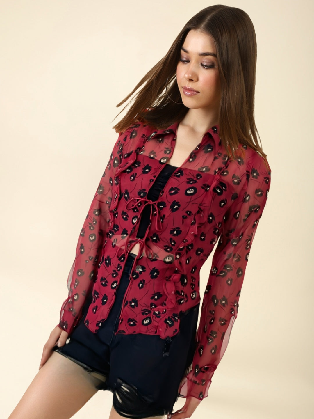 Maroon Kiss Vibes Printed Sheer That Bold Babe Energy Chiffon Shrug