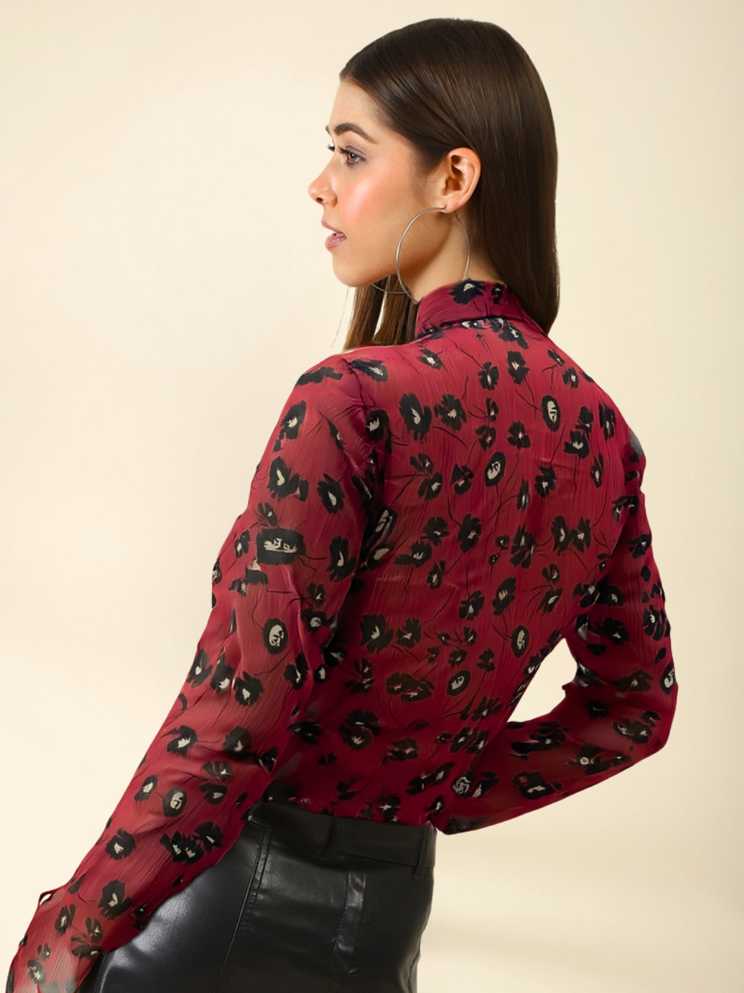 Maroon Kiss Vibes Printed Sheer That Bold Babe Energy Chiffon Shrug