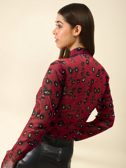 Maroon Kiss Vibes Printed Sheer That Bold Babe Energy Chiffon Shrug