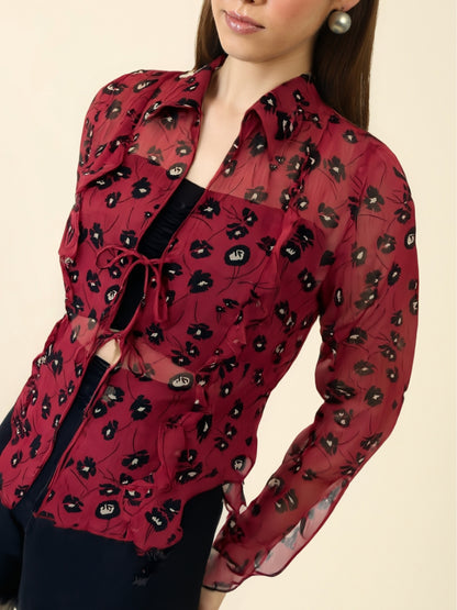 Maroon Kiss Vibes Printed Sheer That Bold Babe Energy Chiffon Shrug