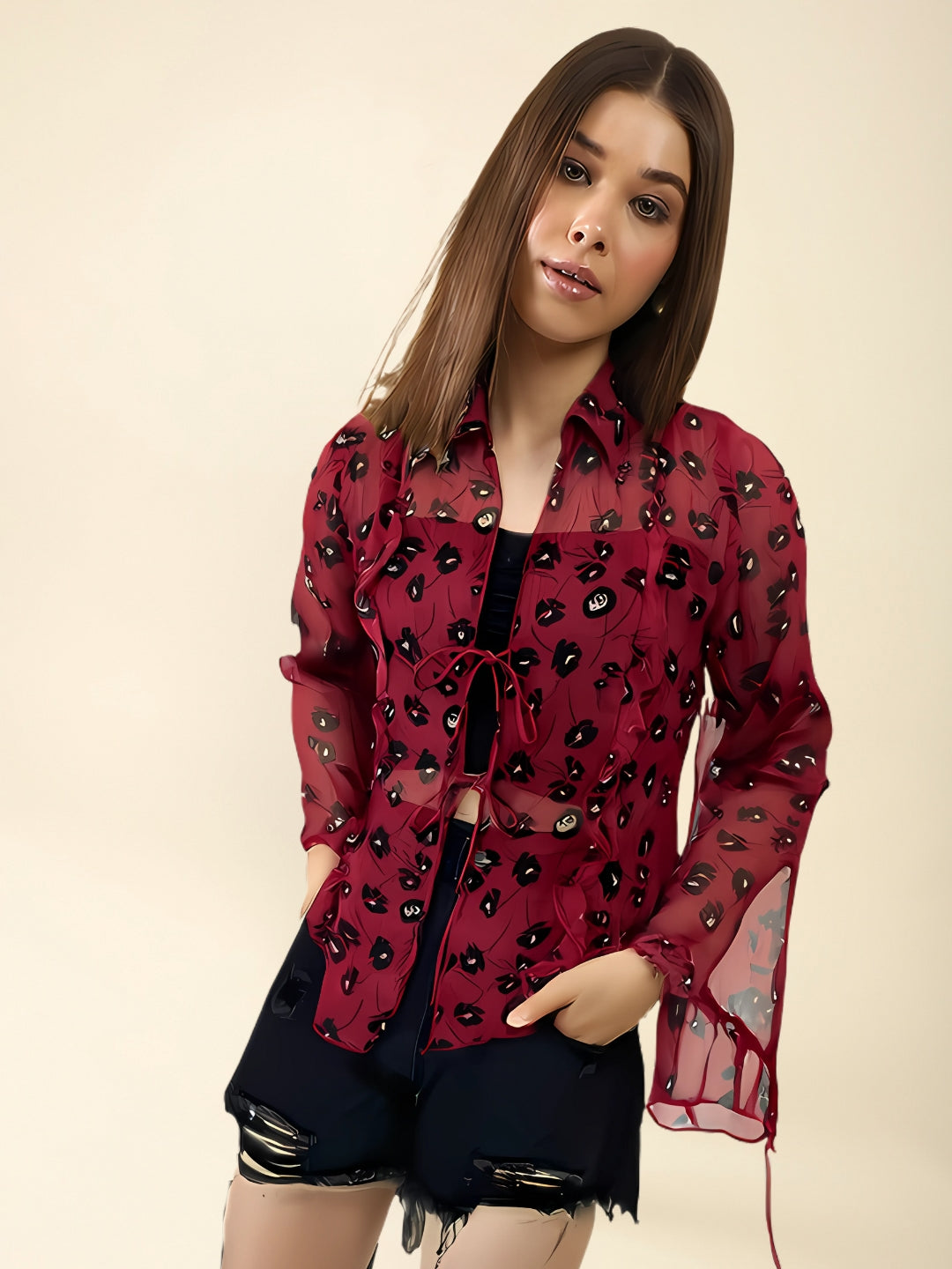 Maroon Kiss Vibes Printed Sheer That Bold Babe Energy Chiffon Shrug