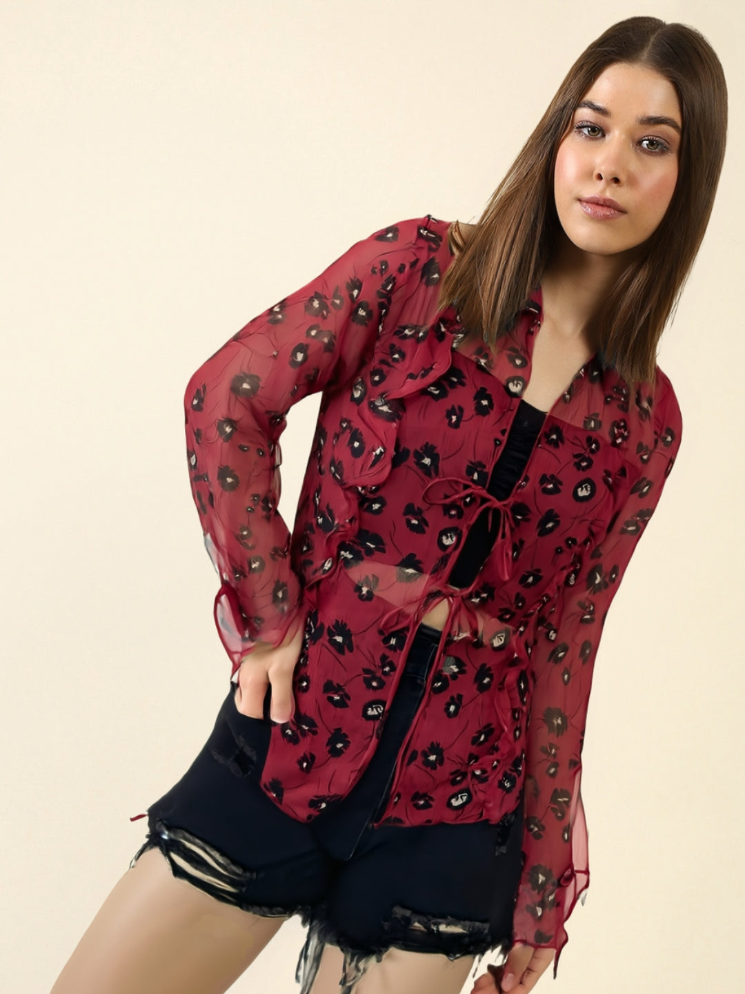 Maroon Kiss Vibes Printed Sheer That Bold Babe Energy Chiffon Shrug