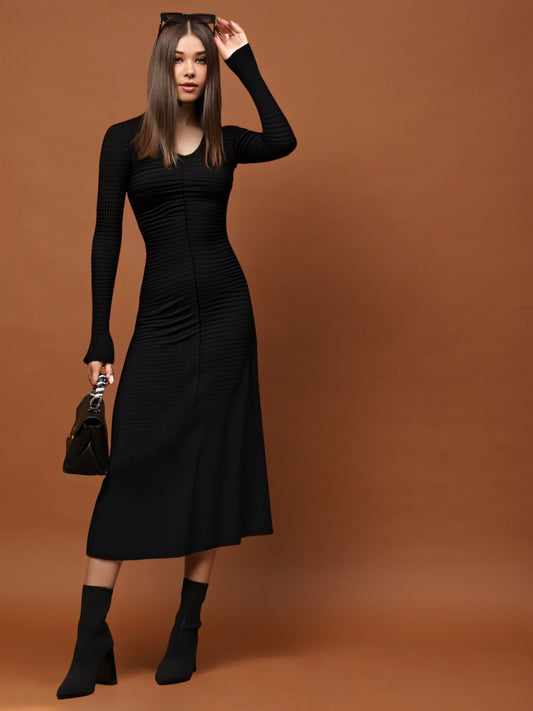 Black Long Sleeve Anarkali Style Maxi Dress with V-Neck – Elegant Ethnic & Party Wear for Women