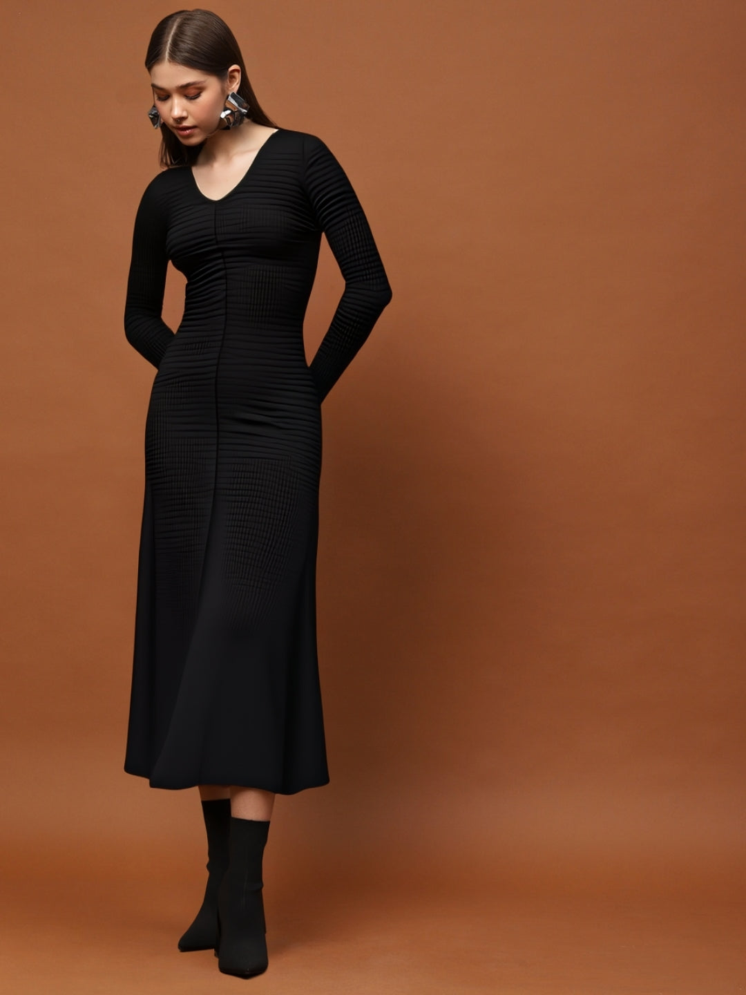 Black Long Sleeve Anarkali Style Maxi Dress with V-Neck – Elegant Ethnic & Party Wear for Women