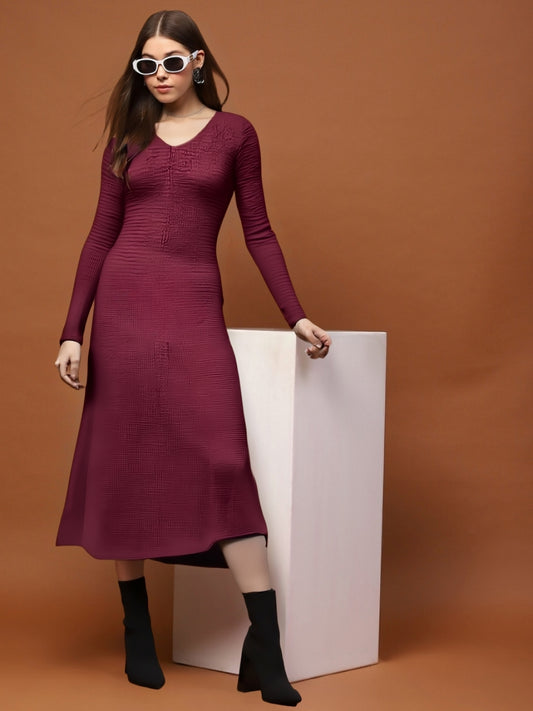 Maroon Long Sleeve Anarkali Style Maxi Dress with V-Neck – Elegant Ethnic & Party Wear for Women