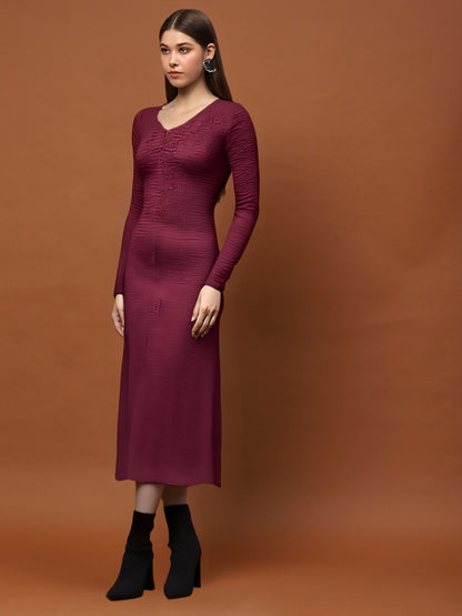 Maroon Long Sleeve Anarkali Style Maxi Dress with V-Neck – Elegant Ethnic & Party Wear for Women