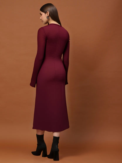 Maroon Long Sleeve Anarkali Style Maxi Dress with V-Neck – Elegant Ethnic & Party Wear for Women