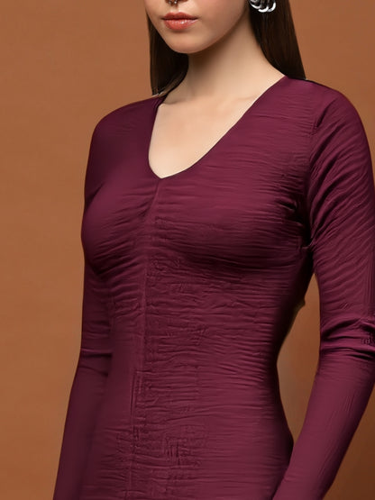 Maroon Long Sleeve Anarkali Style Maxi Dress with V-Neck – Elegant Ethnic & Party Wear for Women