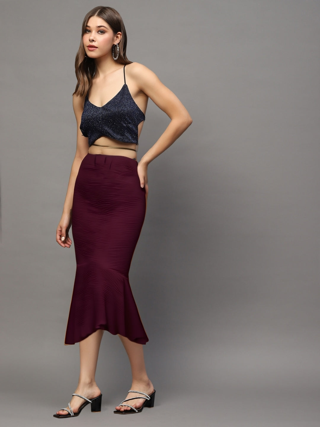 Maroon Textured Long Skirt for Women – Elegant Flared Maxi Skirt for Party & Casual Wear
