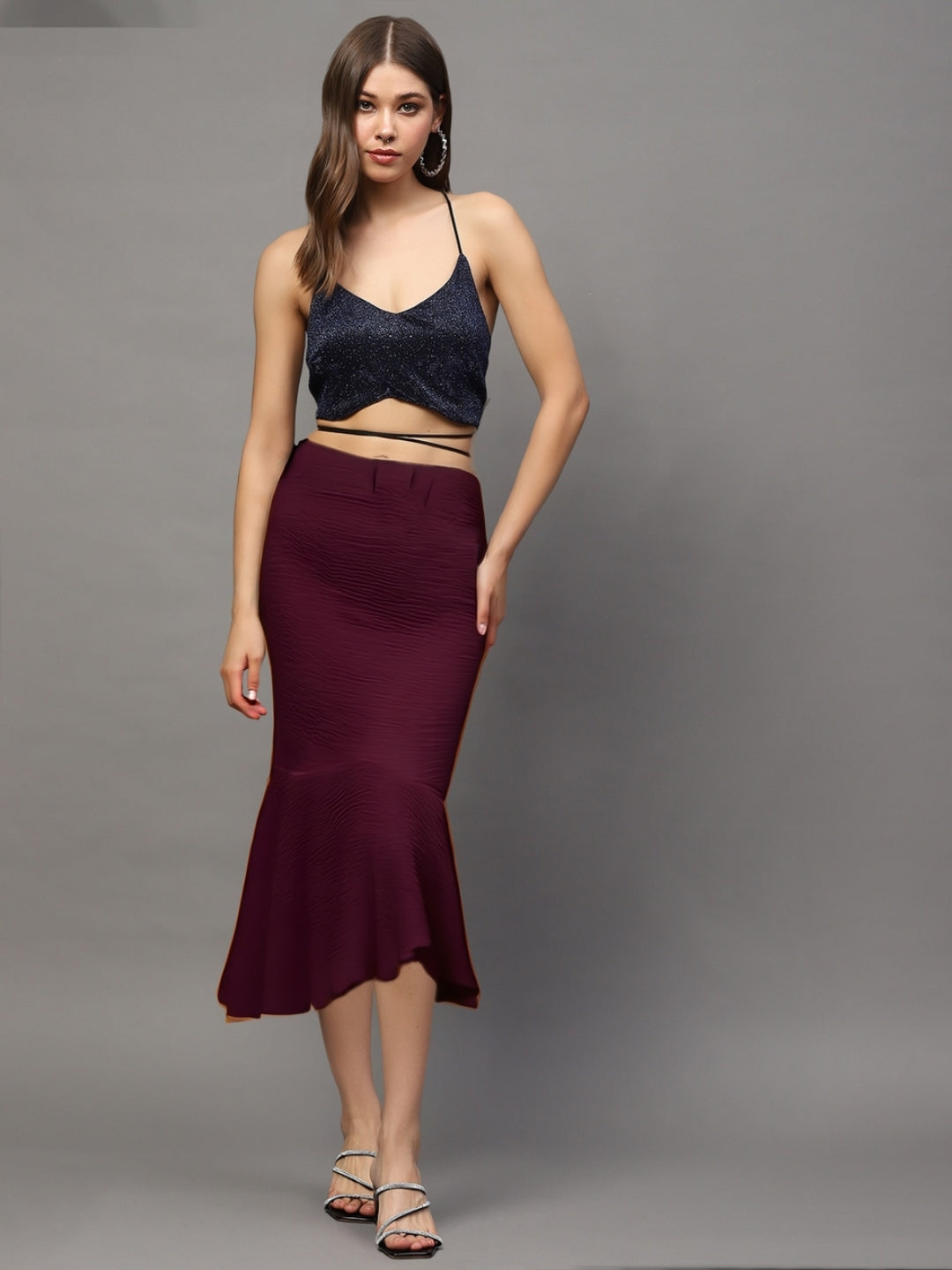 Maroon Textured Long Skirt for Women – Elegant Flared Maxi Skirt for Party & Casual Wear