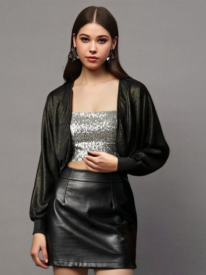 Black Crop Shrug for Women , Party Wear Layer , Stylish Shimmer Shrug