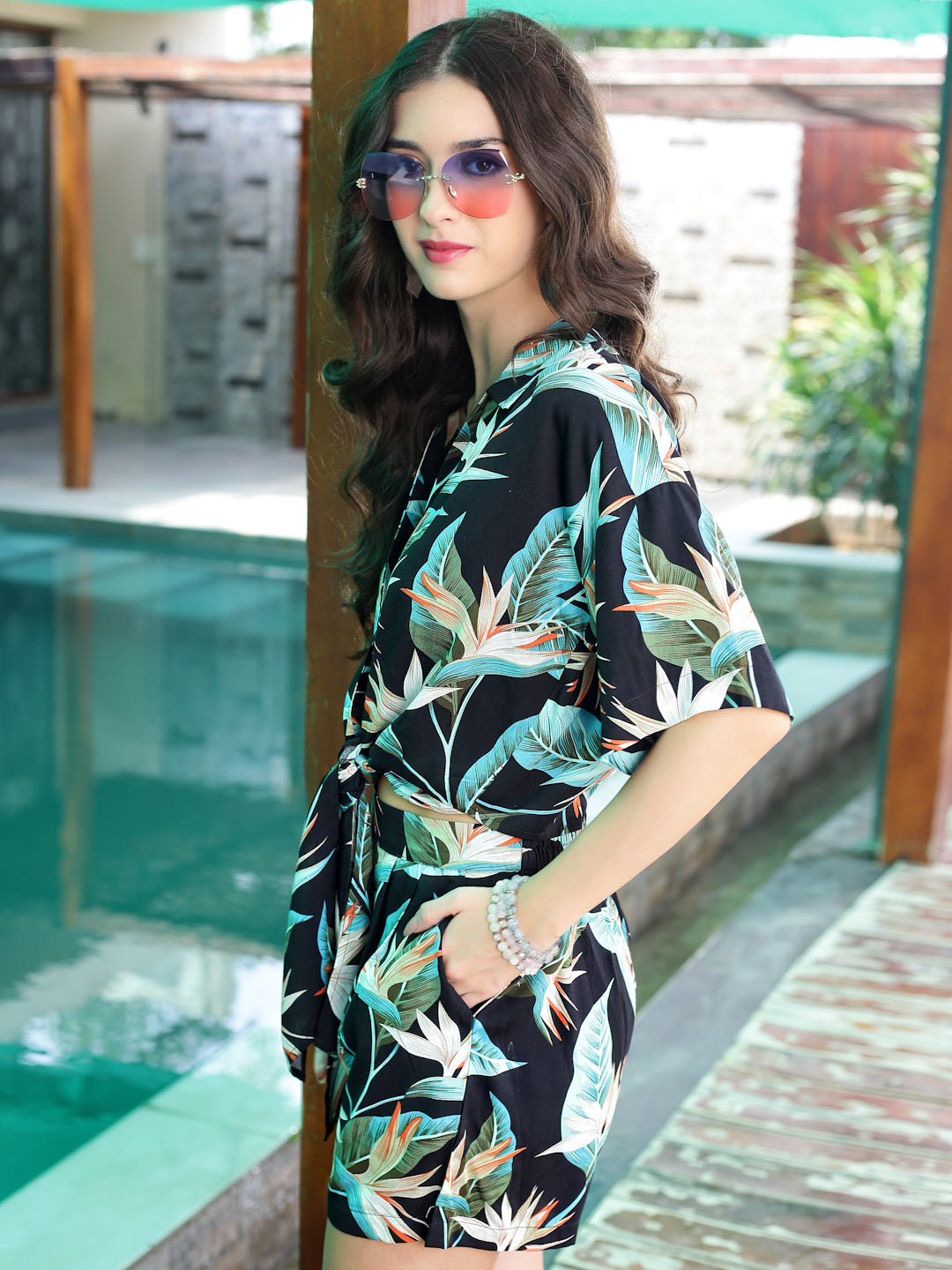 Premium viscose Tie-Front Shirt & Shorts Set