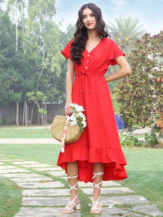 Asymetric ruffled flared midi dress