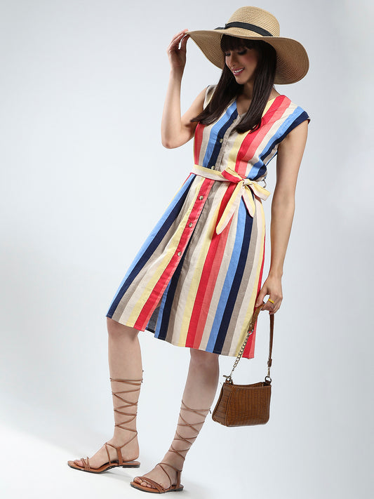 Sera Linen Women Rainbow knee length dress