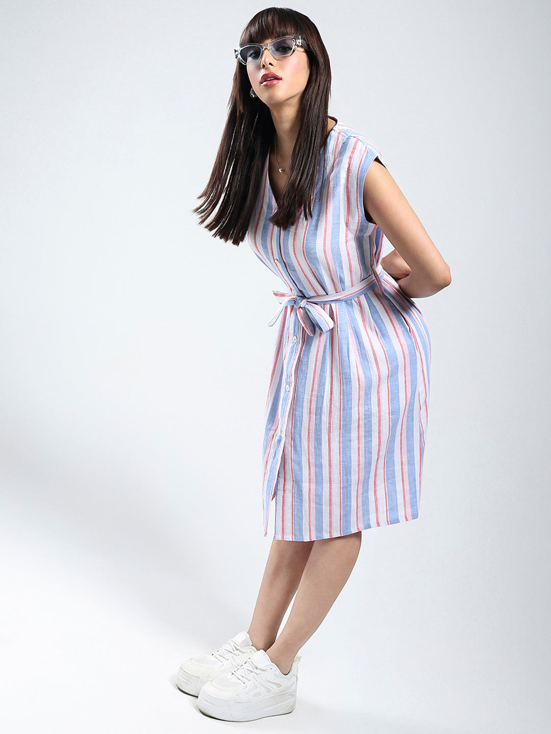 Sera Linen Lycra Women White Stripe knee length dress